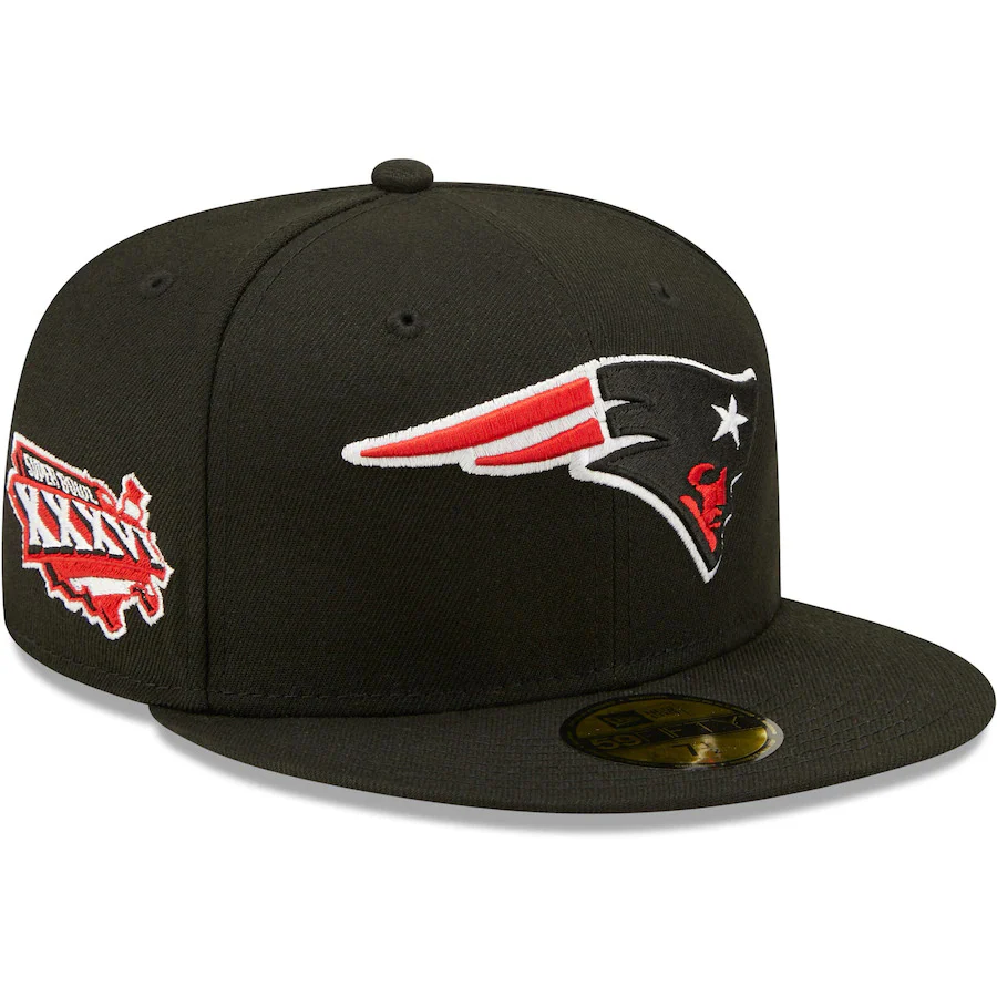 New Era Black New England Patriots Red Undervisor Super Bowl XXXVI Side Patch 59FIFTY Fitted Hat - Image 3