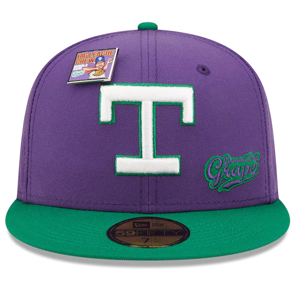 New Era MLB x Big League Chew  Texas Rangers Ground Ball Grape Flavor Pack 59FIFTY Fitted Hat - Purple/Green - Image 2