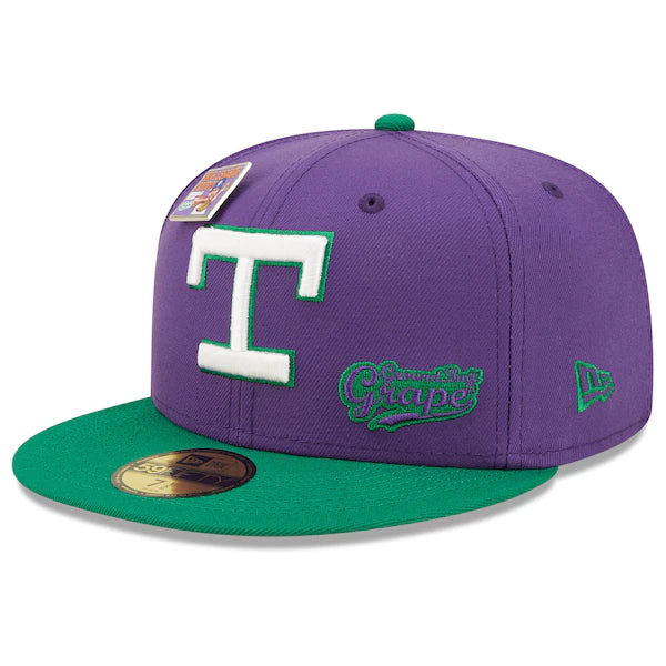 New Era MLB x Big League Chew  Texas Rangers Ground Ball Grape Flavor Pack 59FIFTY Fitted Hat - Purple/Green - Image 3